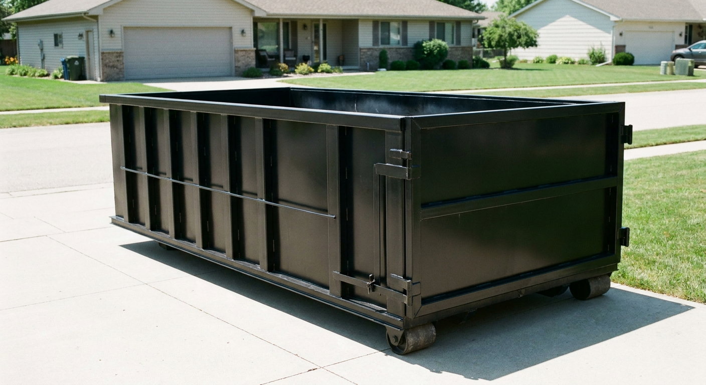 Matte-black 10-yard roll-off dumpster on a residential concrete driveway in Greeley, uniformly painted matte black across every panel and rail, ribbed steel sidewalls and rear swing door visible, mid-day daylight.