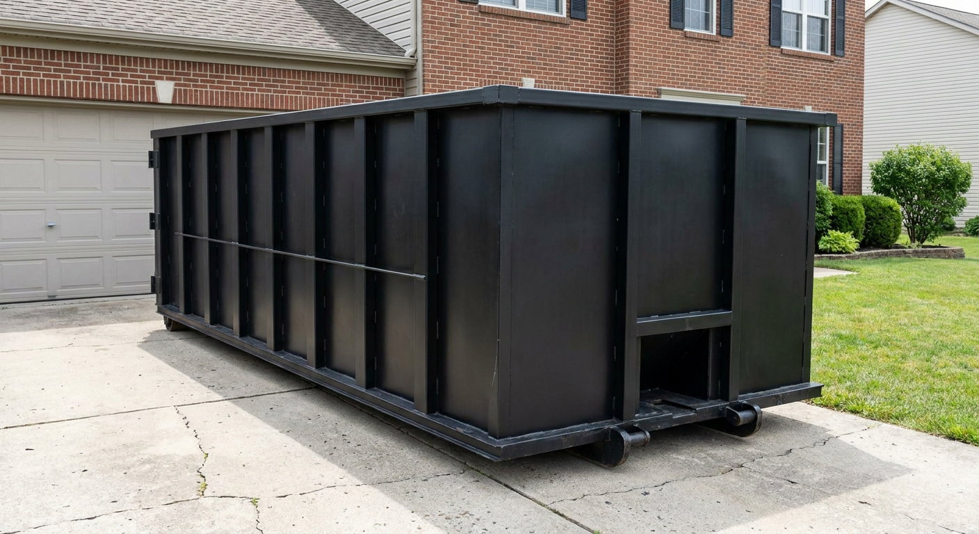 Matte-black 20-yard roll-off container on a Greeley residential concrete driveway with reinforced ribbed steel sidewalls and a hinged rear walk-in door, clean bright daylight.