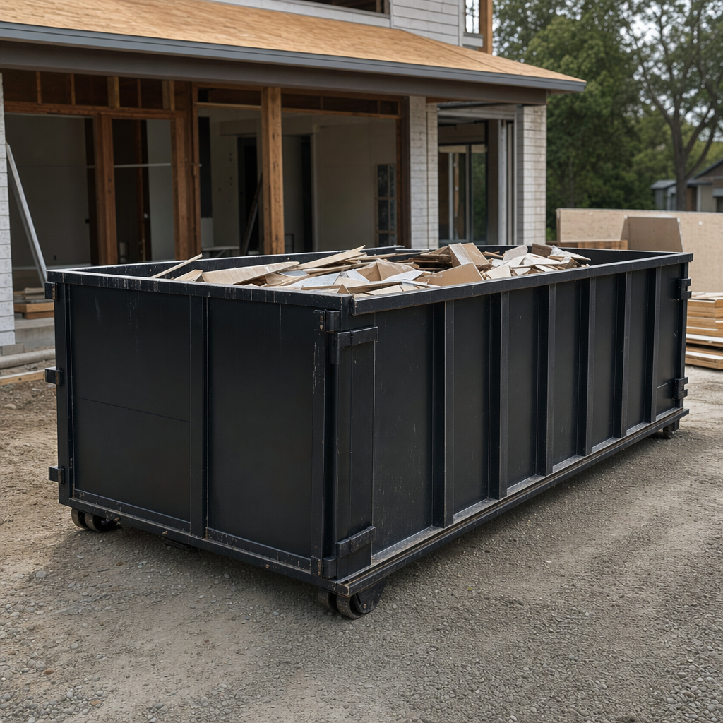 Large matte-black 30-yard construction roll-off dumpster at an active Greeley jobsite, steel-gray top rails and bottom rollers visible, loaded with construction debris.