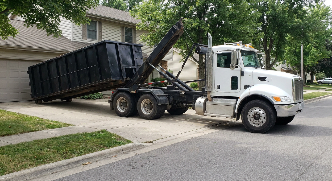 White-cab hooklift roll-off truck actively lowering a matte-black dumpster onto a Greeley residential concrete driveway, the dumpster's rear wheels touching the driveway as the hoist arm tilts the bed forward, mid-morning daylight.